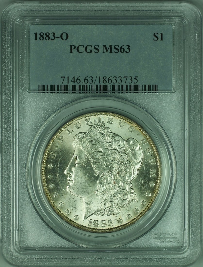PCGS MS63 1883-O Morgan Dollar Silver Coin from New Orleans Mint: PCGS MS63 1883-O Morgan Dollar Silver Coin from New Orleans Mint This is an 1883-O Morgan Silver Dollar coin minted in New Orleans. Certified by PCGS with a grade of MS63, this uncirculated coin is co