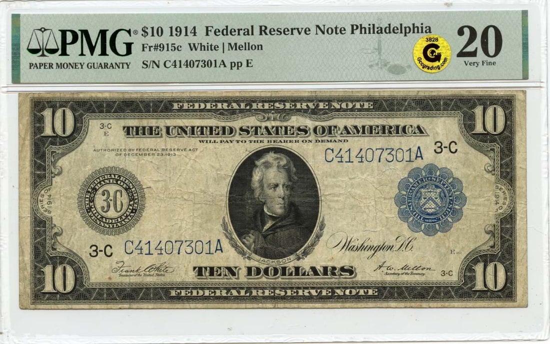 1914 $10 Federal Reserve Note Fr# 915c PMG VF20 Philadelphia: 1914 $10 Federal Reserve Note Fr# 915c PMG VF20 Philadelphia This 1914 $10 Federal Reserve Note from Philadelphia is a noteworthy collectible piece, certified by PMG with a grade of VF20. It is a circ