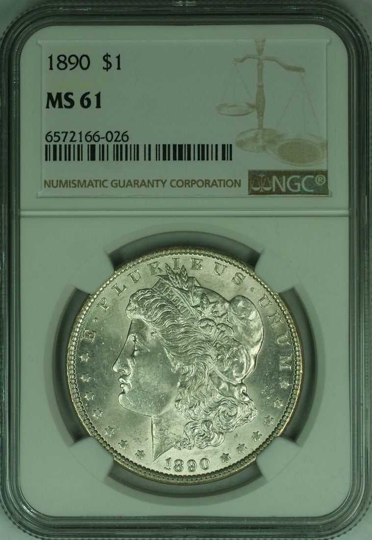 NGC MS-61 1890 Morgan Dollar Silver Coin Philadelphia Mint: NGC MS-61 1890 Morgan Dollar Silver Coin Philadelphia Mint This 1890 Morgan Silver Dollar is certified by NGC with a Mint State 61 (MS-61) grade. Struck at the Philadelphia Mint, this uncirculated coi