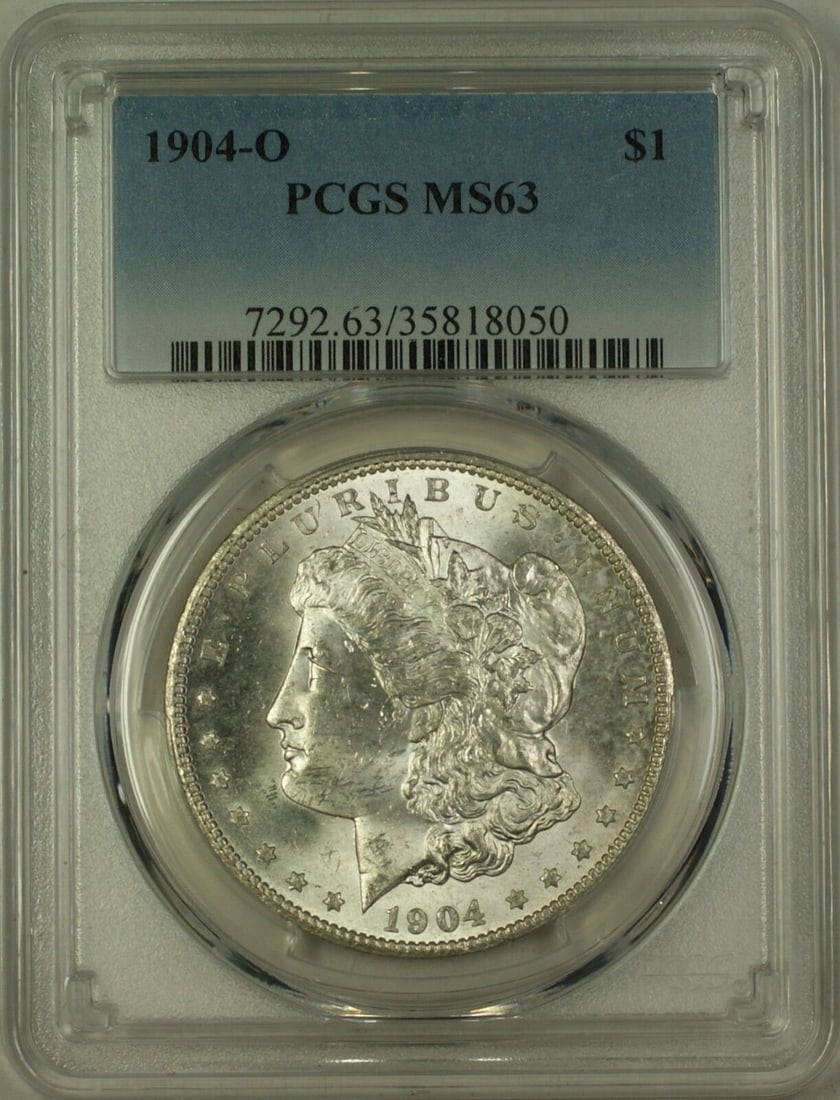 PCGS MS-63 1904-O Morgan Dollar Silver Coin New Orleans Mint: PCGS MS-63 1904-O Morgan Dollar Silver Coin New Orleans Mint This 1904-O Morgan Silver Dollar is certified by PCGS with a grade of MS-63. Struck at the New Orleans Mint, this uncirculated $1 coin is c