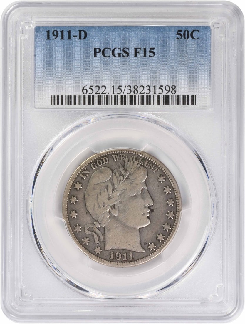 Barber Half Dollar 1911-D 50 Cent PCGS F15 Certified Silver Coin: Barber Half Dollar 1911-D 50 Cent PCGS F15 Certified Silver Coin This 1911-D Barber Half Dollar is graded F15 by PCGS and features a composition of 90% silver and 10% copper. Minted in Denver, this ci