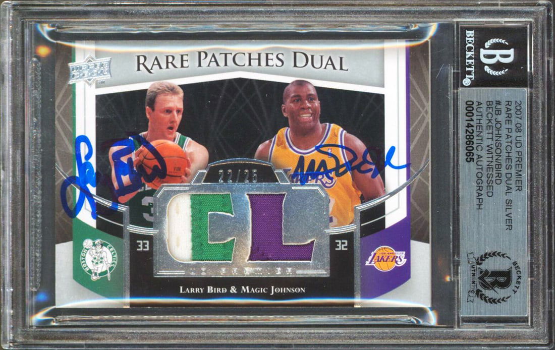 Magic Johnson Larry Bird Signed 2007 UD Premier Patches Gem Mint 10 BAS: Magic Johnson Larry Bird Signed 2007 UD Premier Patches Gem Mint 10 BAS This exceptional collectible features a 2007 Upper Deck Premier Rare Patches Dual Silver Card, numbered #22/25, personally signe