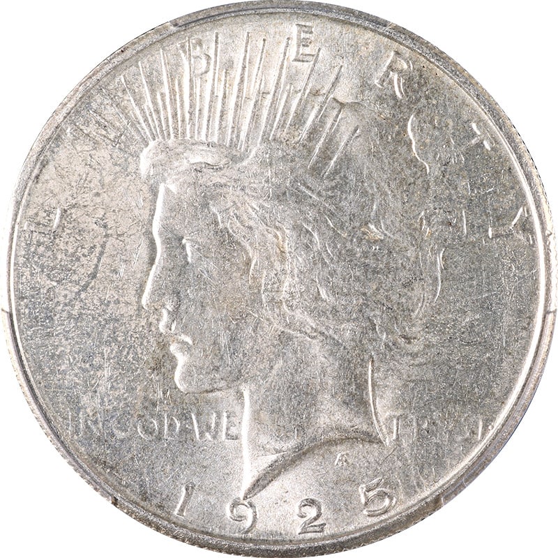 1925-S Peace Dollar PCGS MS61 Silver Coin Uncirculated: 1925-S Peace Dollar PCGS MS61 Silver Coin Uncirculated This 1925-S Peace Dollar, certified by PCGS with a grade of MS61, showcases decent eye appeal and an average strike. The coin is primarily white