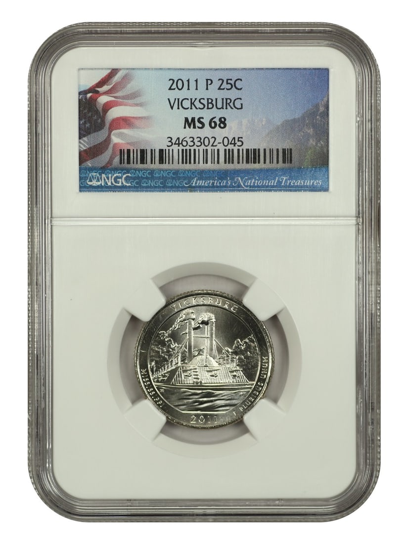 2011 P 25C Vicksburg NP NGC MS68 Clad Coin: 2011 P 25C Vicksburg NP NGC MS68 Clad Coin This 2011-P 25C Vicksburg National Park quarter is graded MS68 by NGC, ensuring its exceptional quality. This coin is part of the Washington America the Beau