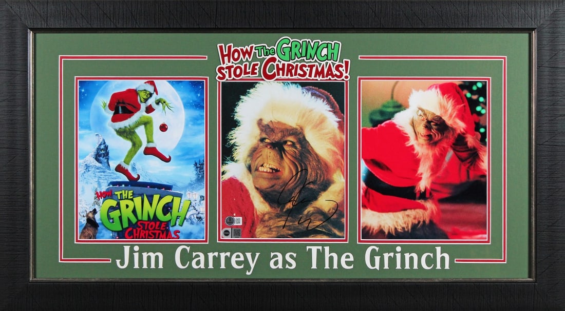 Jim Carrey Signed How the Grinch Stole Christmas 8x10 Framed Photo BAS Authenticated: Jim Carrey Signed How the Grinch Stole Christmas 8x10 Framed Photo BAS Authenticated This captivating 8x10 framed photograph features Jim Carrey as the iconic Grinch from "How the Grinch Stole Christm