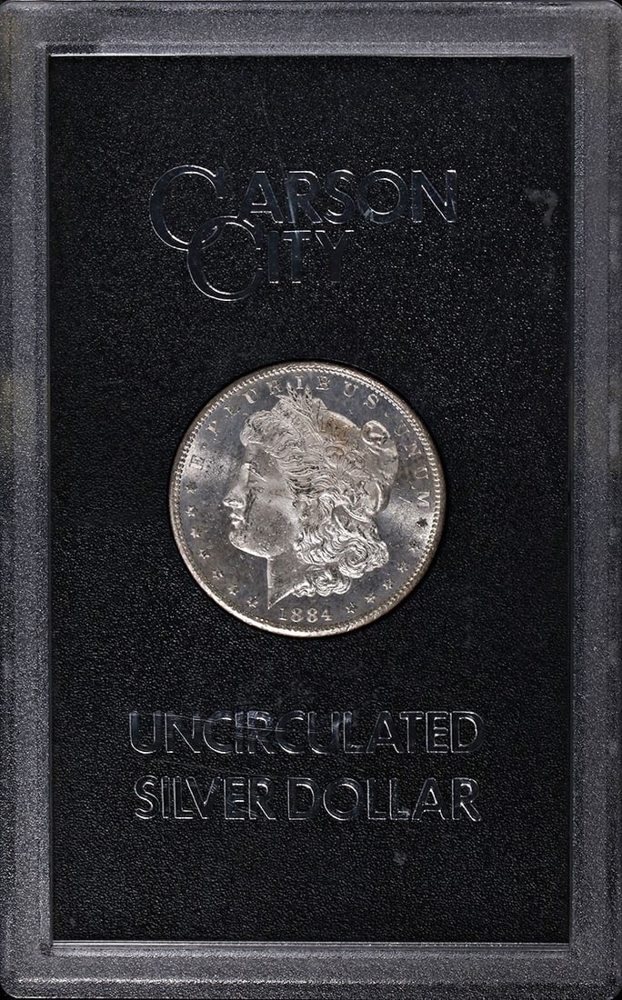 1884-CC GSA Morgan Silver Dollar Proof Like Choice BU+ Uncirculated Coin: 1884-CC GSA Morgan Silver Dollar Proof Like Choice BU+ Uncirculated Coin This 1884-CC GSA Morgan Silver Dollar showcases exceptional eye appeal with brilliant luster and a strong strike. Featuring a b