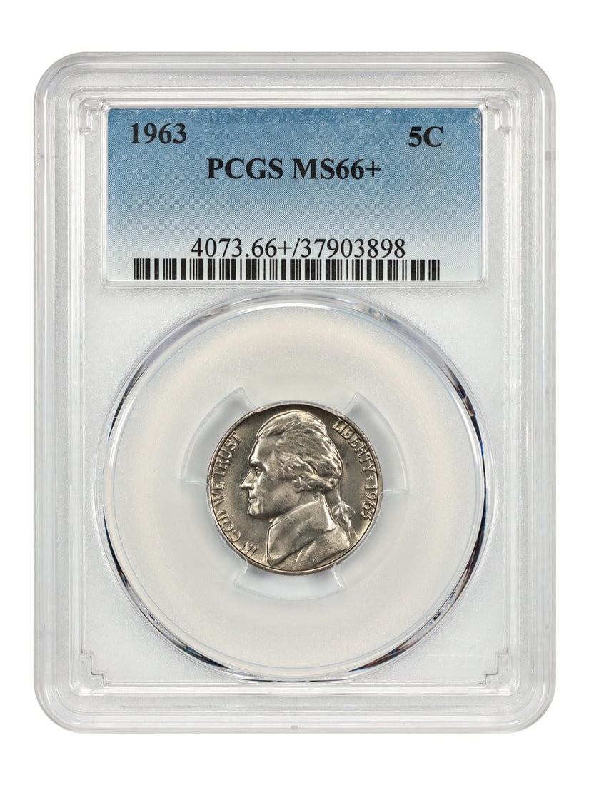 PCGS MS66 Plus 1963 Jefferson 5 Cent Nickel Coin Philadelphia Mint: PCGS MS66 Plus 1963 Jefferson 5 Cent Nickel Coin Philadelphia Mint This is a 1963 Jefferson Nickel with a denomination of 5 cents, graded MS66+ by PCGS. The coin is uncirculated and was struck at the