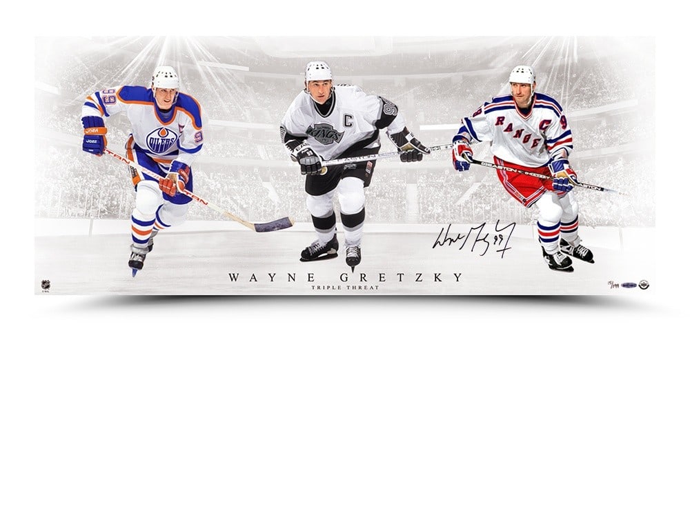 Wayne Gretzky Autographed Photo 36x15 Limited Edition Oilers Kings /199: Wayne Gretzky Autographed Photo 36x15 Limited Edition Oilers Kings /199 Celebrate the legacy of Wayne Gretzky with this stunning autographed 36" x 15" photo, showcasing his iconic moments with the Edm