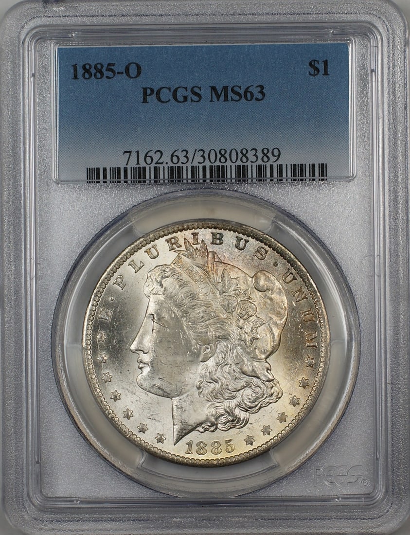 PCGS MS63 1885-O Morgan Dollar New Orleans Mint Silver Uncirculated Coin: PCGS MS63 1885-O Morgan Dollar New Orleans Mint Silver Uncirculated Coin This 1885-O Morgan Silver Dollar is certified by PCGS with a grade of MS 63, indicating it is an uncirculated coin. Minted in N