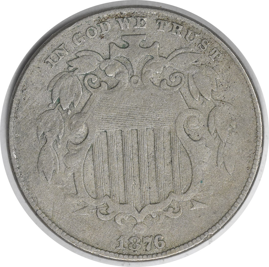 1876 Shield Nickel VF Uncertified James Barton Longacre Design: 1876 Shield Nickel VF Uncertified James Barton Longacre Design This 1876 Shield Nickel is a remarkable piece of numismatic history, featuring the design of James Barton Longacre. Minted in Philadelphi