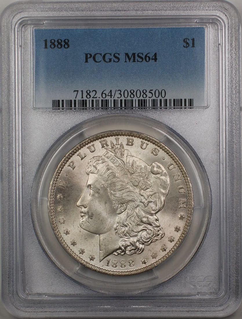 PCGS MS64 1888 Silver Morgan Dollar from Philadelphia Mint: PCGS MS64 1888 Silver Morgan Dollar from Philadelphia Mint This 1888 Morgan Silver Dollar $1 coin is certified by PCGS with a grade of MS-64, indicating its uncirculated condition. Minted in Philadelp