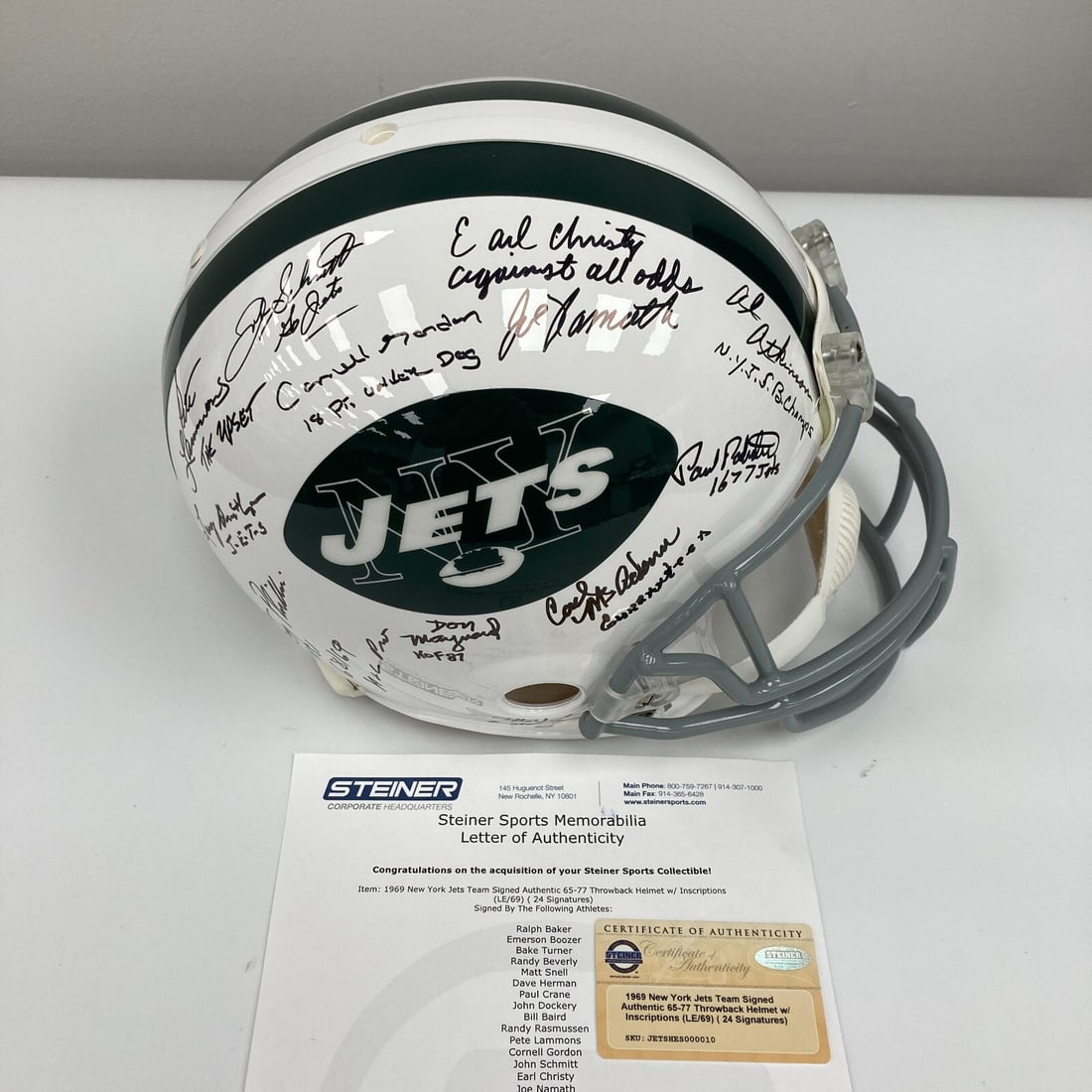1969 New York Jets Limited Edition Signed Helmet 14/69 Steiner COA: 1969 New York Jets Limited Edition Signed Helmet 14/69 Steiner COA This authentic full-sized helmet commemorates the 1969 New York Jets, who triumphed as Super Bowl III champions. It features the sign