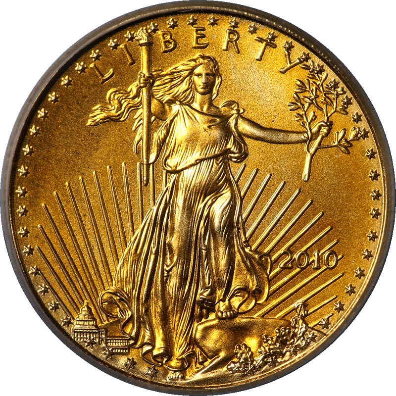 2010 $5 Gold Eagle PCGS MS70 First Strike Blue Label Coin: 2010 $5 Gold Eagle PCGS MS70 First Strike Blue Label Coin This is a 2010 Gold American Eagle $5 coin, certified by PCGS with a grade of MS70 and designated as First Strike with a Blue Label. The coin