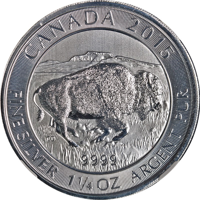2015 Canadian $8 Bison 1.25oz Silver Coin NGC MS70 Early Releases: 2015 Canadian $8 Bison 1.25oz Silver Coin NGC MS70 Early Releases This 2015 Canada Silver $8 Bison coin contains 1.25 ounces of 0.999 fine silver. Graded MS70 by NGC, the coin is uncirculated and reco