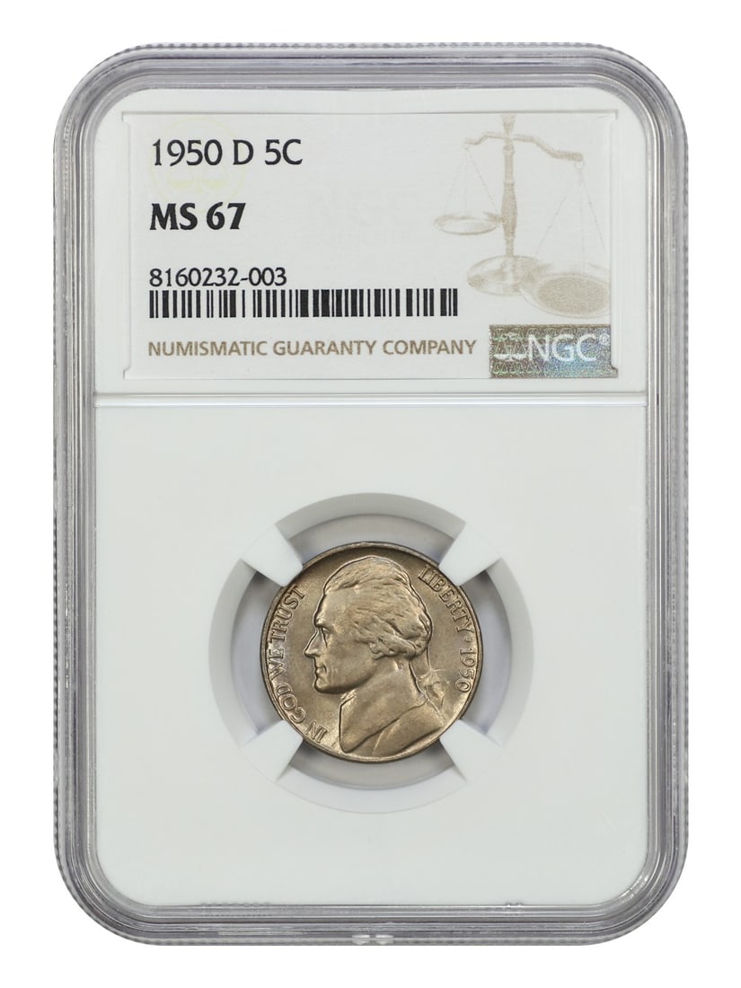 1950-D Jefferson Nickel NGC MS67 Uncirculated Key Date: 1950-D Jefferson Nickel NGC MS67 Uncirculated Key Date This 1950-D Jefferson Nickel is a remarkable piece, certified by NGC with a grade of MS67, indicating its uncirculated condition. Struck at the D