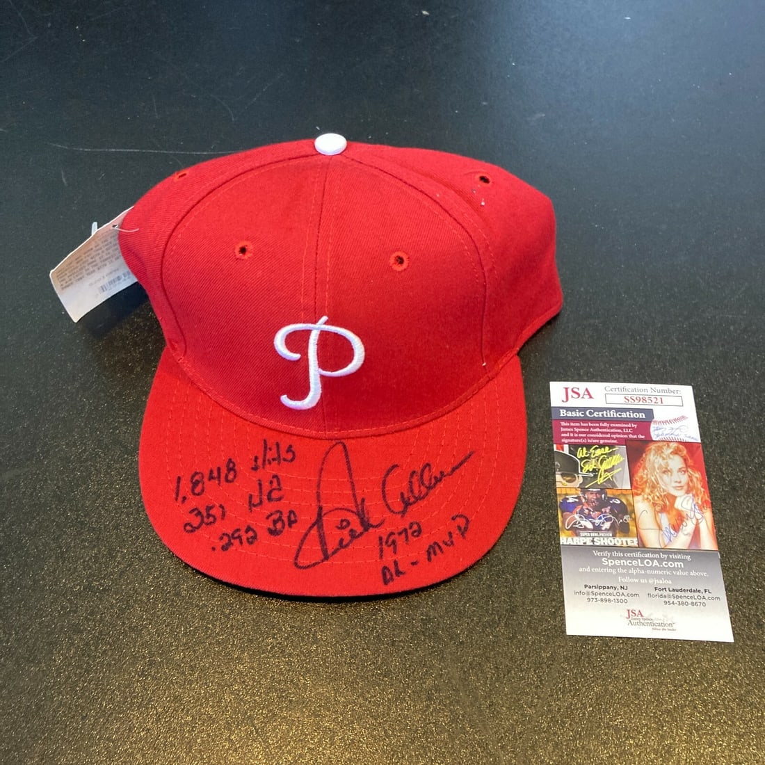 Dick Allen Signed Philadelphia Phillies Hat with Inscribed Stats JSA COA: Dick Allen Signed Philadelphia Phillies Hat with Inscribed Stats JSA COA This original Philadelphia Phillies hat is signed by Dick Allen and features heavy inscriptions of his statistics, making it a