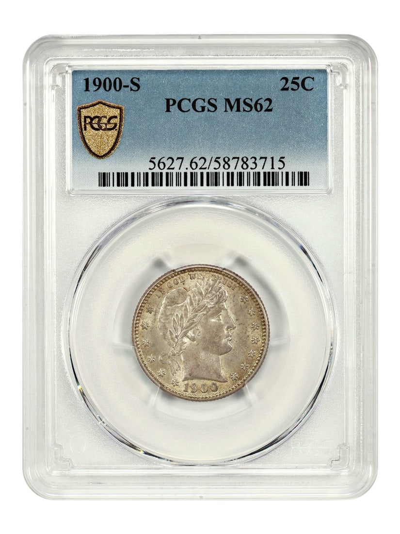 1900-S Barber Quarter 25C PCGS MS62 San Francisco: 1900-S Barber Quarter 25C PCGS MS62 San Francisco This 1900-S Barber Quarter is a remarkable piece of numismatic history, graded MS62 by PCGS, ensuring its uncirculated condition and high quality. Min