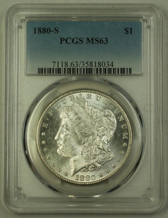 1880-S Morgan Dollar Silver $1 PCGS MS63 San Francisco Mint Coin: 1880-S Morgan Dollar Silver $1 PCGS MS63 San Francisco Mint Coin This 1880-S United States Morgan Silver Dollar is graded MS-63 by PCGS and was minted in San Francisco. The coin is uncirculated and co