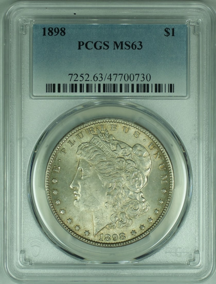 PCGS MS 63 1898 Toned Morgan Silver Dollar Uncirculated Coin: PCGS MS 63 1898 Toned Morgan Silver Dollar Uncirculated Coin This is an uncirculated 1898 Morgan Silver Dollar featuring attractive toning. The coin is certified by PCGS with a grade of MS 63, indicat
