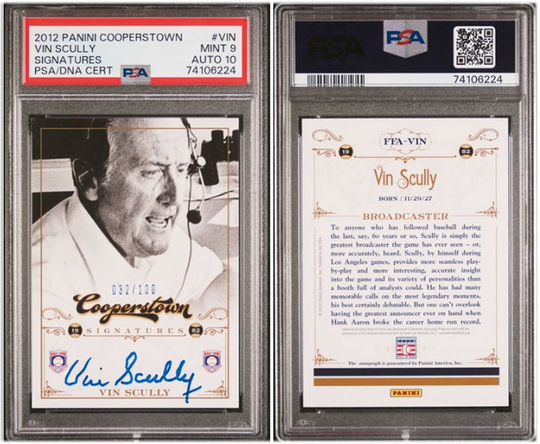 Vin Scully 2012 Panini Cooperstown Signatures PSA 9 Autograph 32/100 Dodgers: Vin Scully 2012 Panini Cooperstown Signatures PSA 9 Autograph 32/100 Dodgers This item features a Vin Scully 2012 Panini Cooperstown Signatures card, showcasing the legendary broadcaster of the Los An