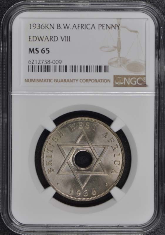 1936 Edward VIII Penny NGC MS65 Certified Uncirculated Coin: 1936 Edward VIII Penny NGC MS65 Certified Uncirculated Coin This 1936 Edward VIII penny from British West Africa is graded as MS65 by NGC, representing an exceptional uncirculated condition. This coin
