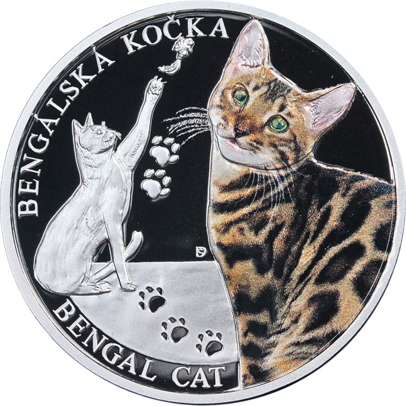 2025 Niue 1 Oz Silver Bengal Cat Proof Coin Colored OGP: 2025 Niue 1 Oz Silver Bengal Cat Proof Coin Colored OGP This stunning 2025 Niue 1 Ounce Silver coin features a beautifully colored depiction of the Bengal Cat, showcasing its superb eye appeal and fan