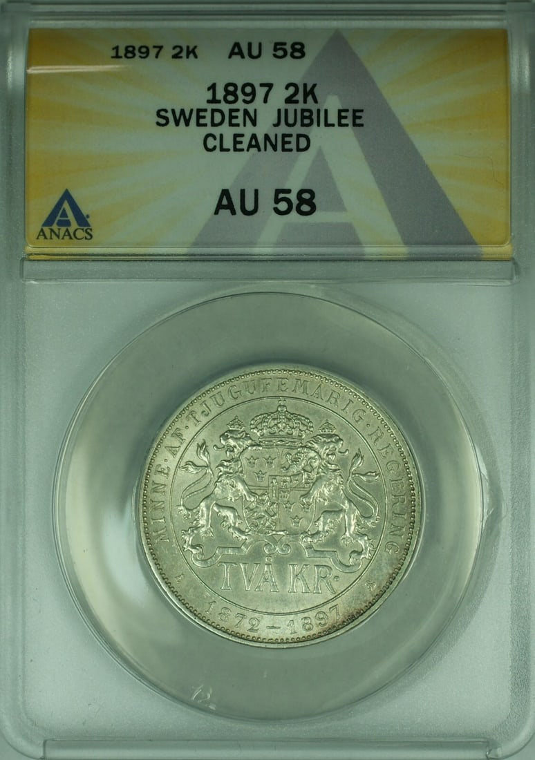Sweden 1897 2 Kronor Silver Jubilee King Oscar II ANACS AU 58 Coin: Sweden 1897 2 Kronor Silver Jubilee King Oscar II ANACS AU 58 Coin This 1897 Sweden 2 Kronor silver coin commemorates the 25th anniversary of the reign of King Oscar II. Certified by ANACS with a grad