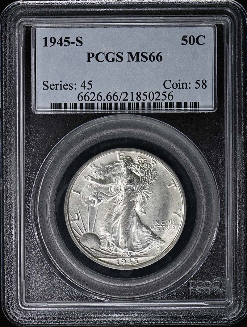 PCGS MS66 1945-S Walking Liberty Half Dollar Uncirculated: PCGS MS66 1945-S Walking Liberty Half Dollar Uncirculated This is a 1945-S Walking Liberty Half Dollar graded MS66 by PCGS. The coin is uncirculated and was minted in San Francisco. It is a pre-owned
