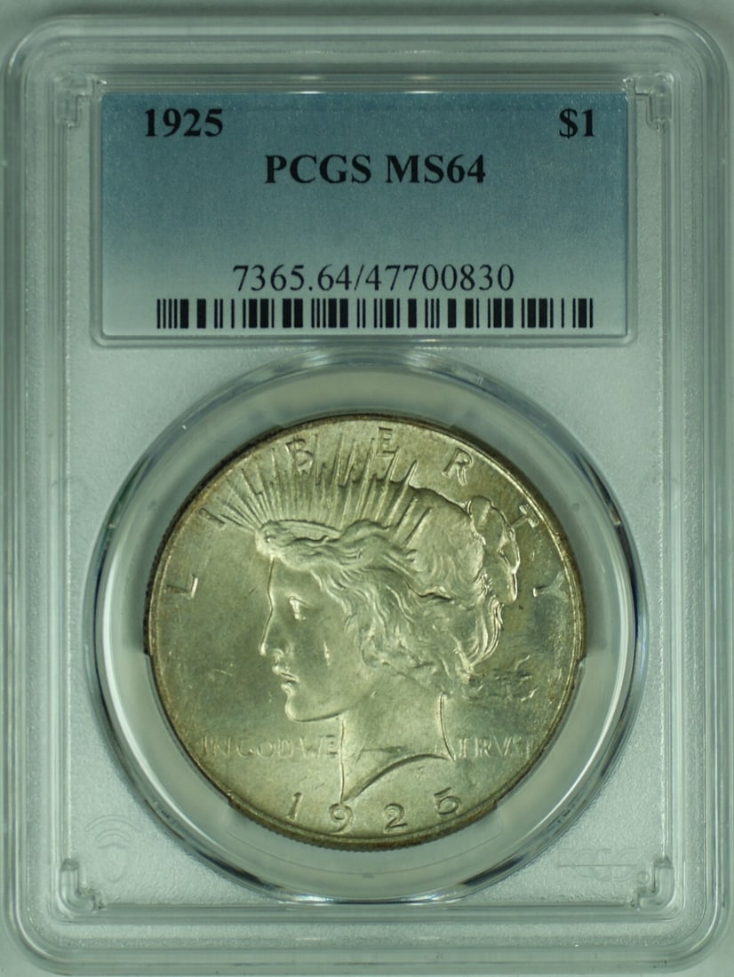 PCGS MS 64 1925 Peace Silver Dollar Toned Uncirculated Coin: PCGS MS 64 1925 Peace Silver Dollar Toned Uncirculated Coin This 1925 Peace Silver Dollar features attractive toning, graded MS 64 by PCGS. It is an uncirculated coin composed of silver and certified