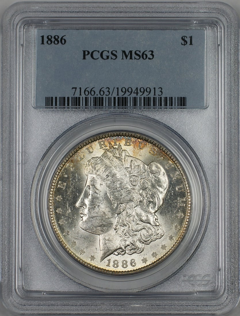 PCGS MS-63 1886 Silver Morgan Dollar with Colorful Toned Reverse: PCGS MS-63 1886 Silver Morgan Dollar with Colorful Toned Reverse This 1886 Morgan Silver Dollar is certified by PCGS with a grade of MS 63. Featuring a beautifully toned reverse, this uncirculated coi