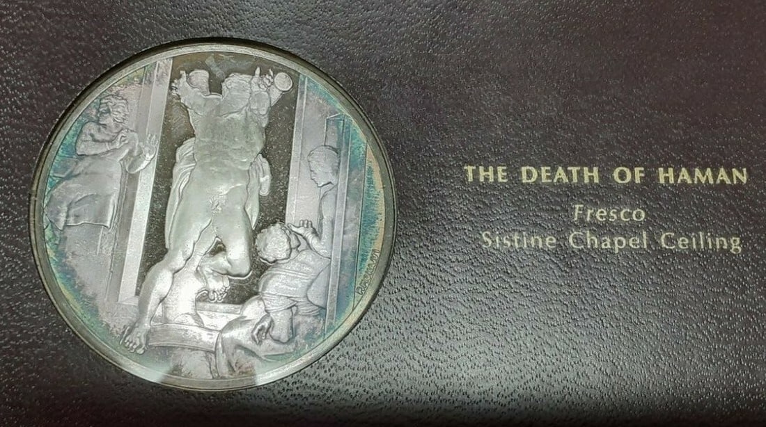 Death of Haman Proof Sterling Silver Medal Genius of Michelangelo Series: Death of Haman Proof Sterling Silver Medal Genius of Michelangelo Series This Franklin Mint Genius of Michelangelo proof medal features the depiction of Michelangelo's fresco 'The Death of Haman' from