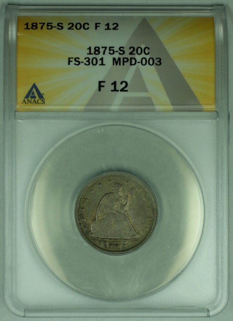 United States 1875 20C Twenty Cent FS.301 ANACS F12 Certified Coin: United States 1875 20C Twenty Cent FS.301 ANACS F12 Certified Coin This is an 1875 United States Twenty Cent Piece with a denomination of 20 cents. The coin is graded F12 (Fine 12) by ANACS and is cla
