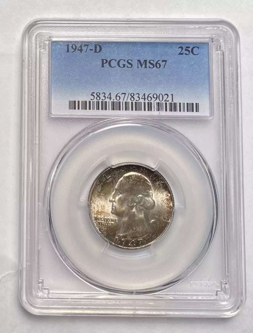 1947 D Quarter Dollar Silver Coin PCGS MS-67 Uncirculated: 1947 D Quarter Dollar Silver Coin PCGS MS-67 Uncirculated This stunning 1947 D Quarter Dollar is certified by PCGS with a remarkable grade of MS 67, indicating its uncirculated condition. Minted in De