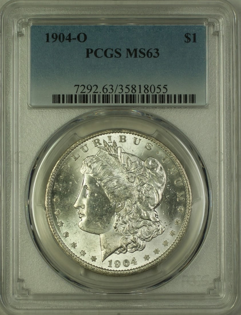 PCGS MS-63 1904-O Morgan Silver Dollar New Orleans Mint Certified: PCGS MS-63 1904-O Morgan Silver Dollar New Orleans Mint Certified This is a 1904-O Morgan Silver Dollar, graded MS-63 by PCGS. Minted in New Orleans, the coin is composed of silver and remains in unci