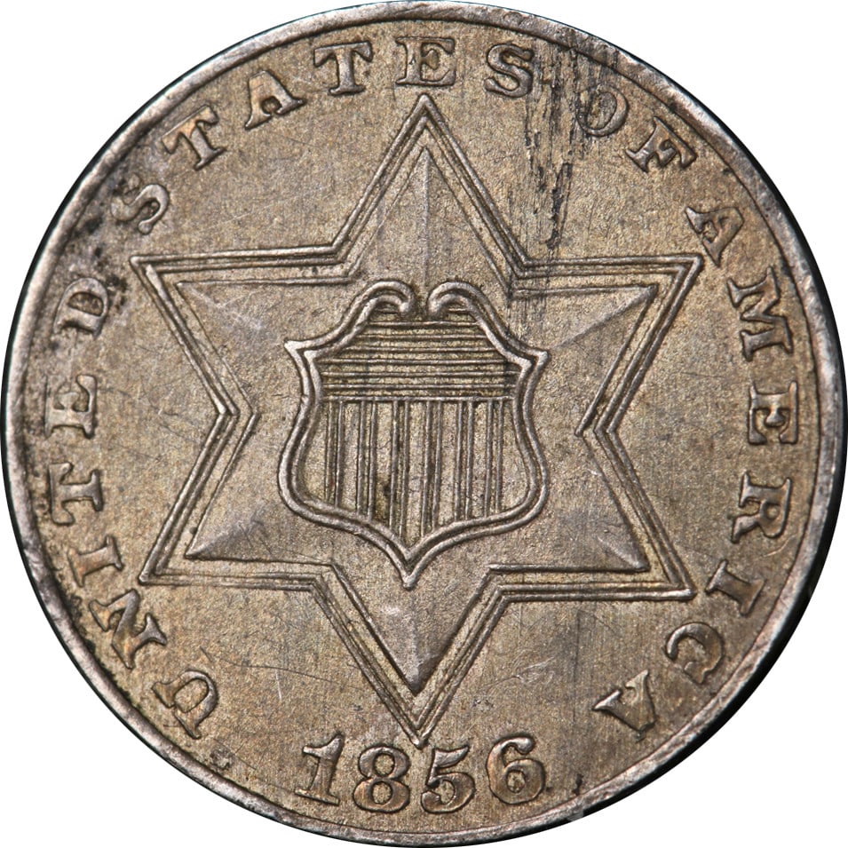 1856 Type 2 Three Cent Silver Coin Choice BU Uncirculated: 1856 Type 2 Three Cent Silver Coin Choice BU Uncirculated This 1856 Type 2 Three (3) Cent Silver coin showcases stunning eye appeal with its brilliant luster and strong strike. The coin features excep