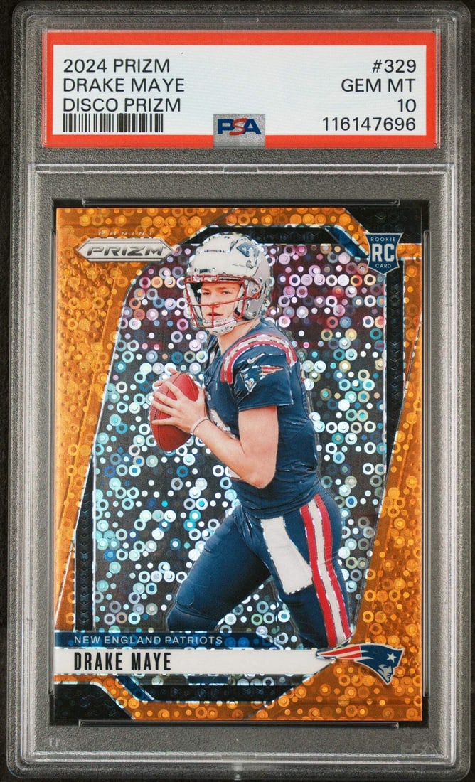 PSA 10 2024 Panini Prizm #329 Drake Maye Disco Rookie NFL Card: PSA 10 2024 Panini Prizm #329 Drake Maye Disco Rookie NFL Card This is an original 2024 Panini Prizm Drake Maye #329 Disco Prizm rookie football card, graded PSA 10 by Professional Sports Authenticato