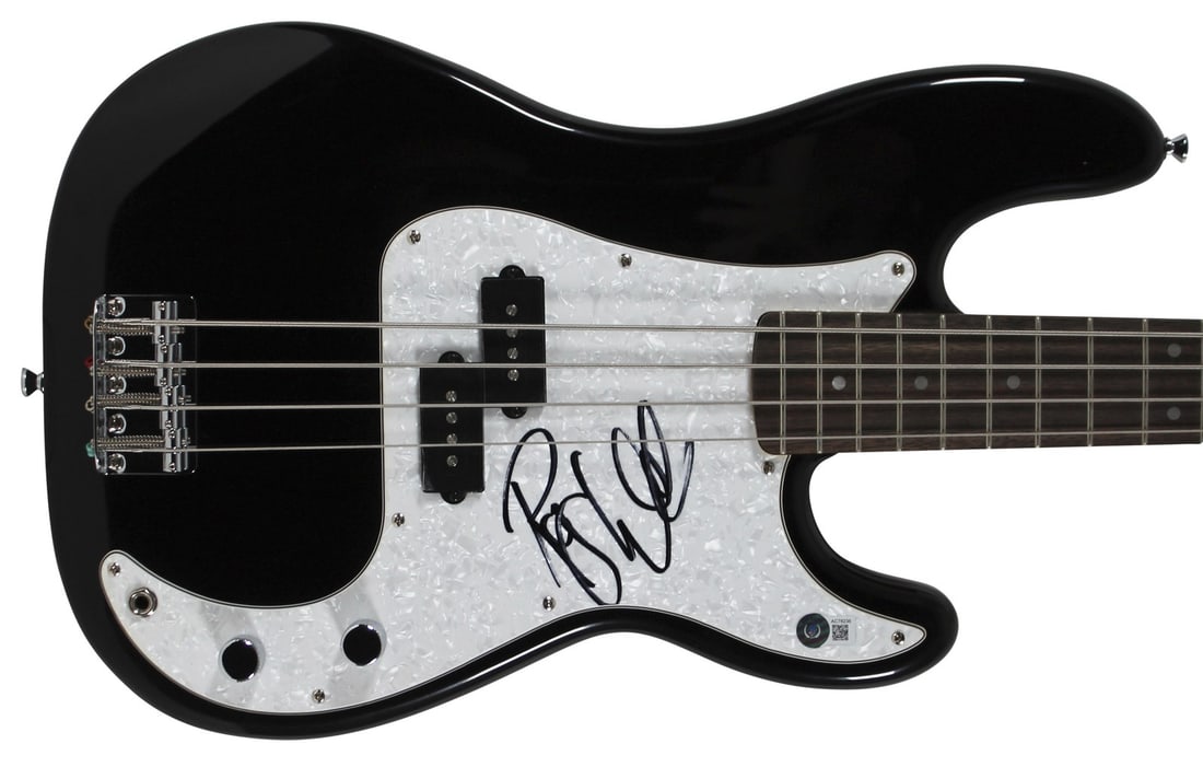 Roger Waters Signed Black Fender Squier Bass Guitar with Beckett COA: Roger Waters Signed Black Fender Squier Bass Guitar with Beckett COA This stunning Black Fender Squier Precision Electric Bass Guitar has been personally signed by Roger Waters, the legendary bassist
