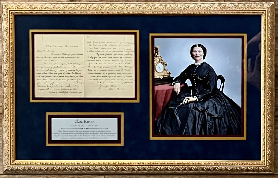 Clara Barton Signed Letter Custom Framed Display JSA Authenticated 27x16: Clara Barton Signed Letter Custom Framed Display JSA Authenticated 27x16 This custom framed display showcases a signed personal letter by Clara Barton, the nursing pioneer and founder of the American