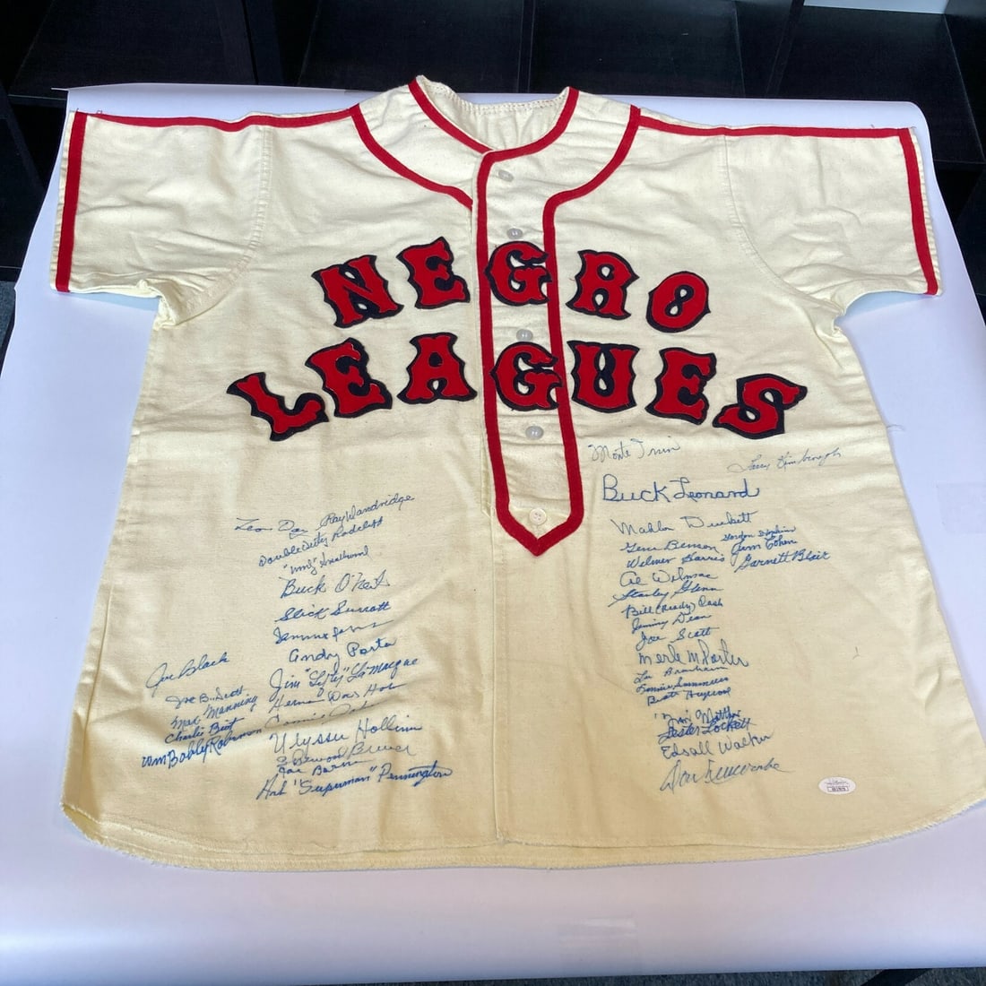 Negro League Hall of Fame Signed Jersey 42 Autographs JSA COA: Negro League Hall of Fame Signed Jersey 42 Autographs JSA COA This original cream-colored jersey celebrates the rich history of the Negro Leagues and is autographed by 42 legendary players. It feature