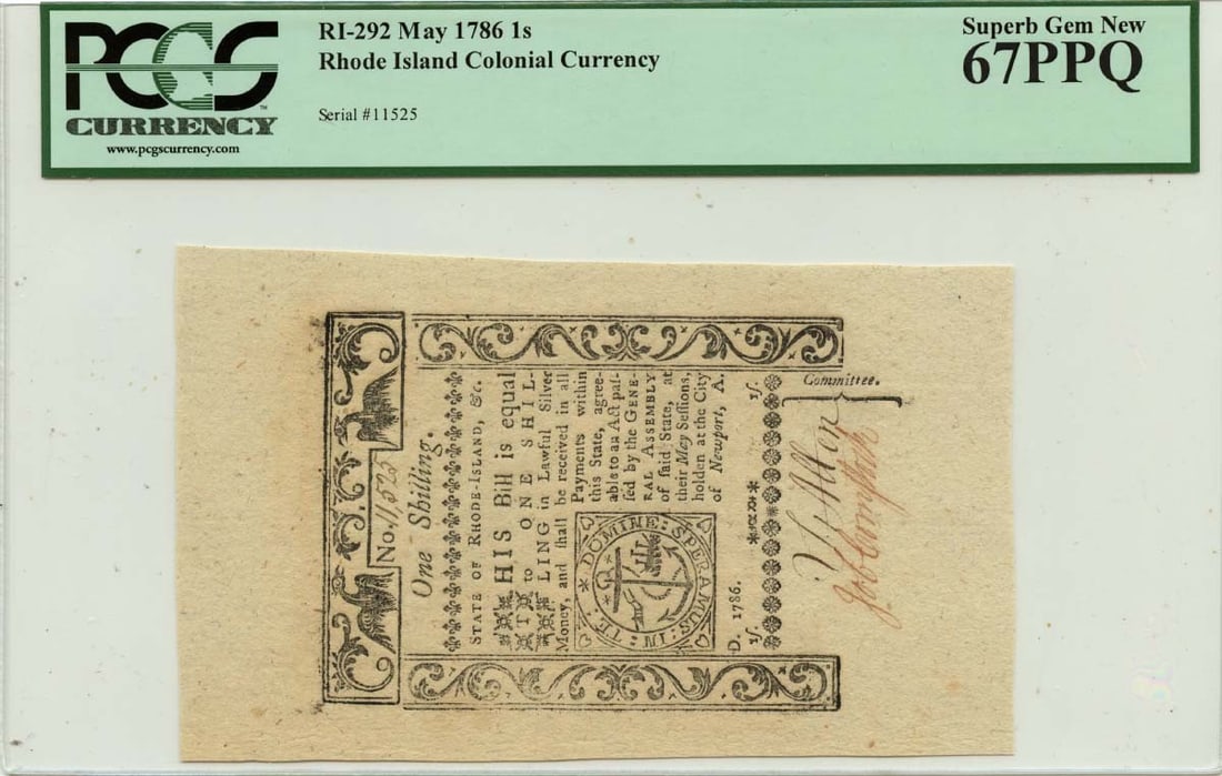 1786 Rhode Island FR#RI-292 1 Shilling Colonial Note PCGS Superb GEM 67 PPQ (1 of 2)