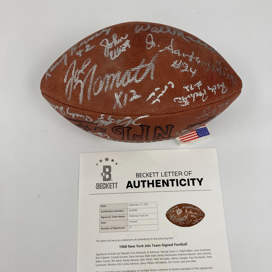 1968 New York Jets Team Signed Wilson Football with Beckett COA: 1968 New York Jets Team Signed Wilson Football with Beckett COA Celebrate the legacy of the 1968 New York Jets with this authentic team-signed Wilson football. This remarkable piece commemorates the J
