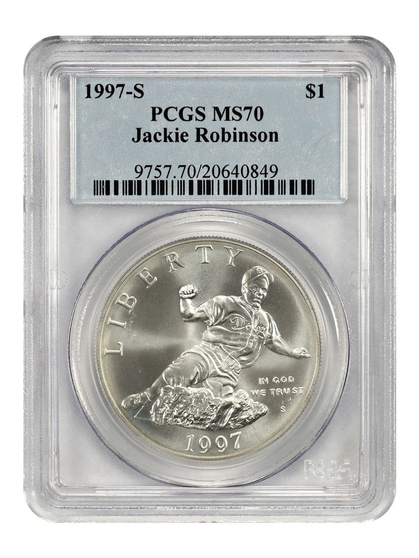 Jackie Robinson 1997-S Silver Dollar PCGS MS70 San Francisco Mint: Jackie Robinson 1997-S Silver Dollar PCGS MS70 San Francisco Mint This 1997-S $1 Jackie Robinson commemorative coin is struck in silver and graded MS70 by PCGS. It is an uncirculated coin produced at