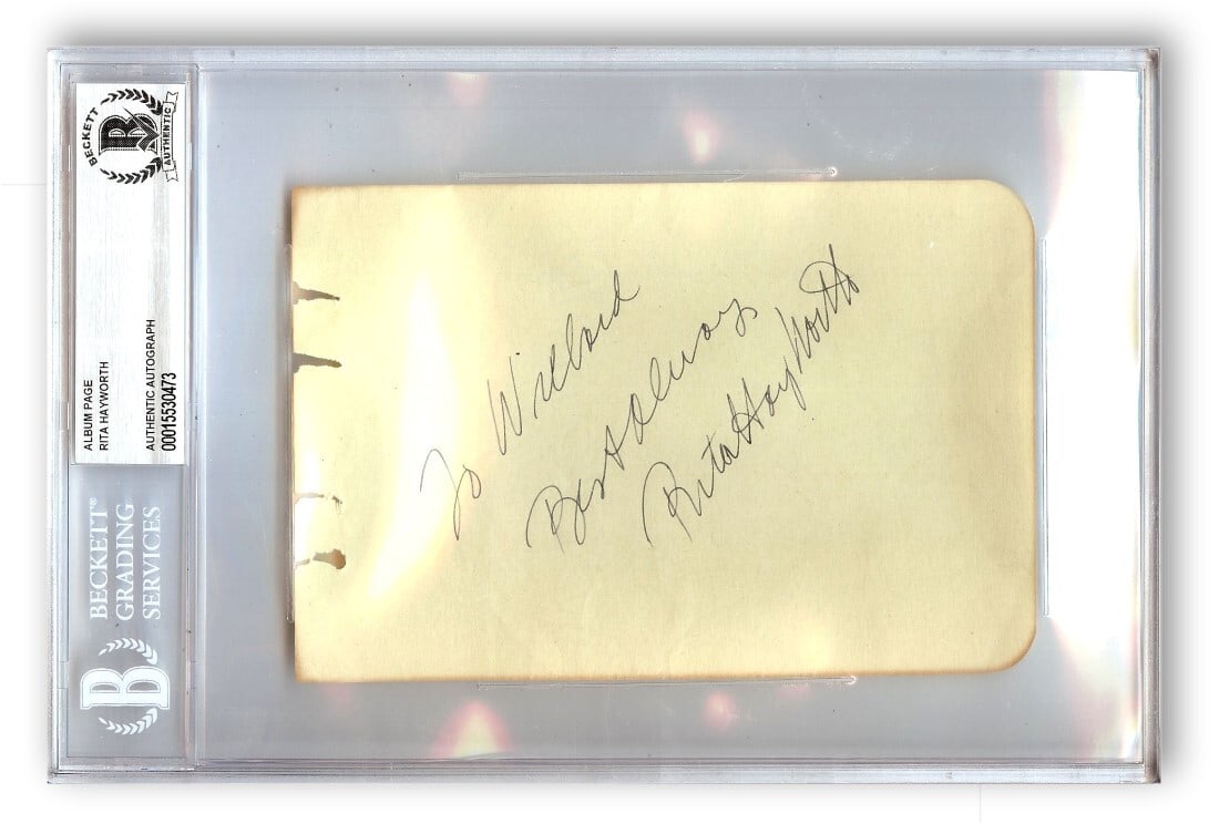 Rita Hayworth Autographed Cut Signature Gilda Beckett Authenticated 6x9: Rita Hayworth Autographed Cut Signature Gilda Beckett Authenticated 6x9 A stunning autographed cut signature of the legendary Rita Hayworth, known for her iconic role in 'Gilda'. This original piece i