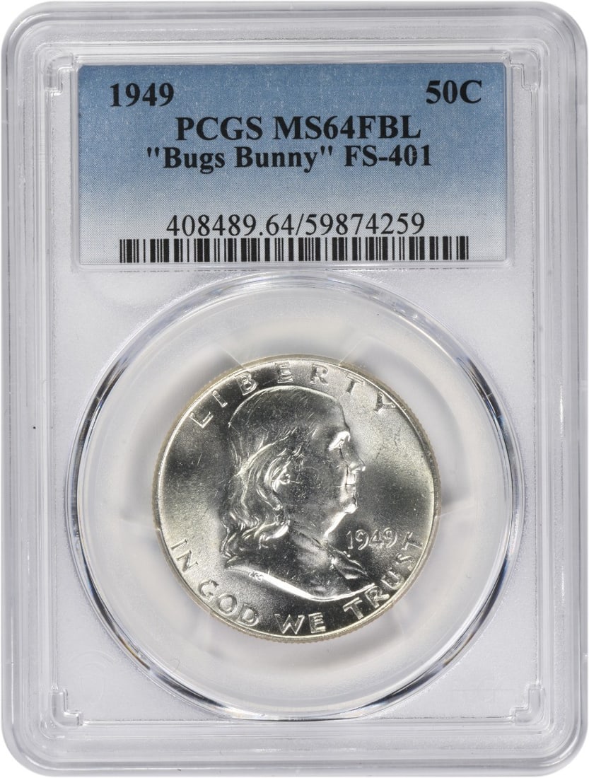 1949 Franklin Half Dollar Bugs Bunny Variety PCGS MS64FBL: 1949 Franklin Half Dollar Bugs Bunny Variety PCGS MS64FBL This 1949 Franklin Silver Half Dollar features the Bugs Bunny FS-401 variety and is graded MS64FBL by PCGS. Struck at the Philadelphia Mint, t