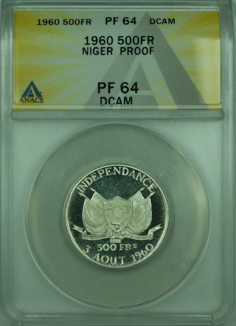 Niger 1960 Silver 500 Francs ANACS PR 64 DCAM Commemorative Coin KM 5: Niger 1960 Silver 500 Francs ANACS PR 64 DCAM Commemorative Coin KM 5 This is a 1960 Niger 500 Francs commemorative silver coin, certified by ANACS with a grade of PF 64 DCAM. The coin is uncirculated