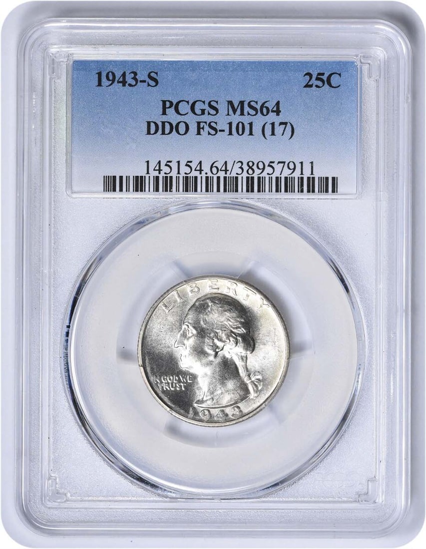 1943-S Washington Quarter DDO FS-101 MS64 Certified by PCGS: 1943-S Washington Quarter DDO FS-101 MS64 Certified by PCGS This 1943-S Washington Quarter is a remarkable piece for any coin collector. Graded MS64 by PCGS, this uncirculated coin showcases the excep