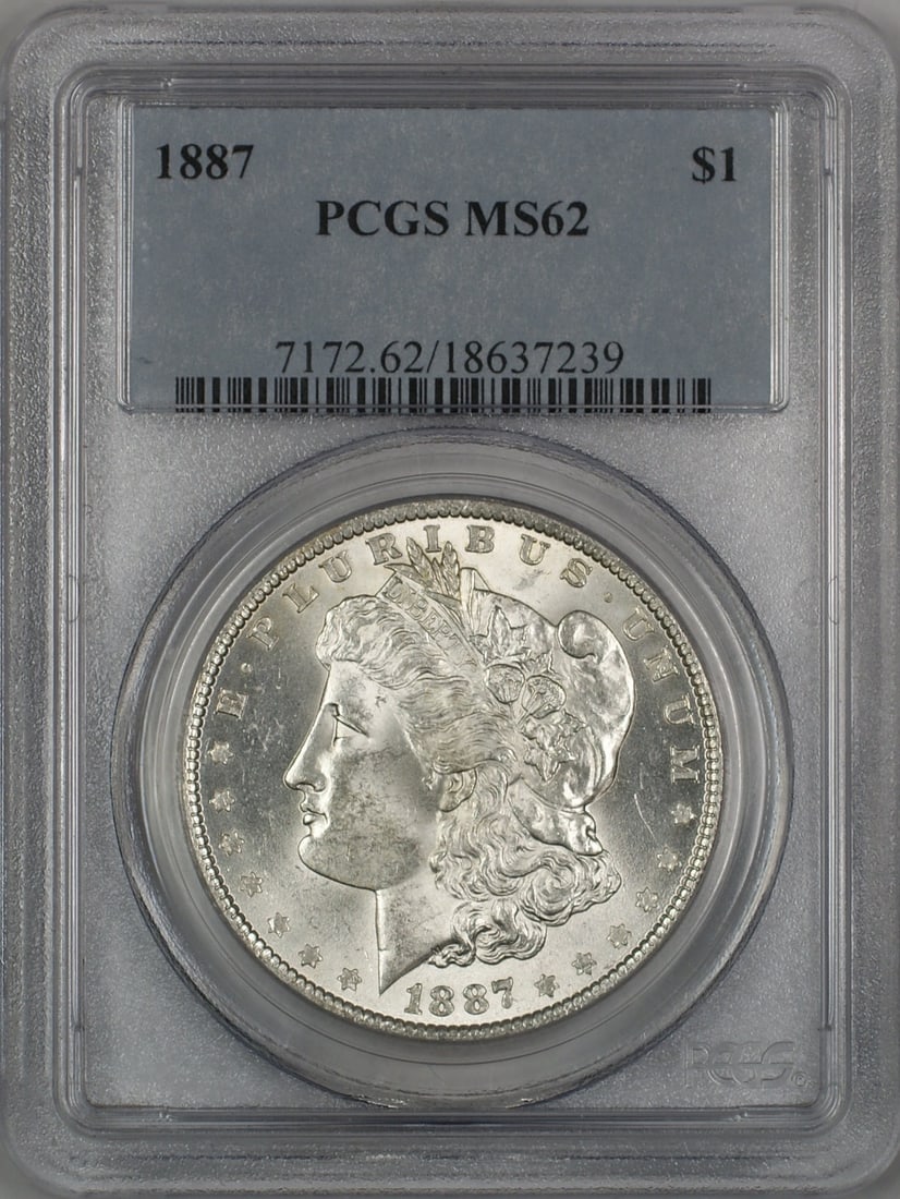 PCGS MS-62 1887 Philadelphia Morgan Silver Dollar Coin: PCGS MS-62 1887 Philadelphia Morgan Silver Dollar Coin This is an 1887 Morgan Silver Dollar graded MS-62 by PCGS. The coin is uncirculated and was minted in Philadelphia. It is composed of silver and