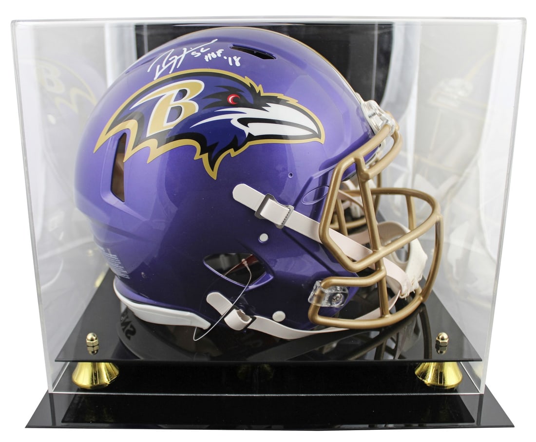 Ray Lewis Signed Ravens Flash Helmet HOF 18 with Beckett Authentication: Ray Lewis Signed Ravens Flash Helmet HOF 18 with Beckett Authentication This autographed Baltimore Ravens Full Size Speed Proline Helmet features the legendary Ray Lewis, personally signed with the in