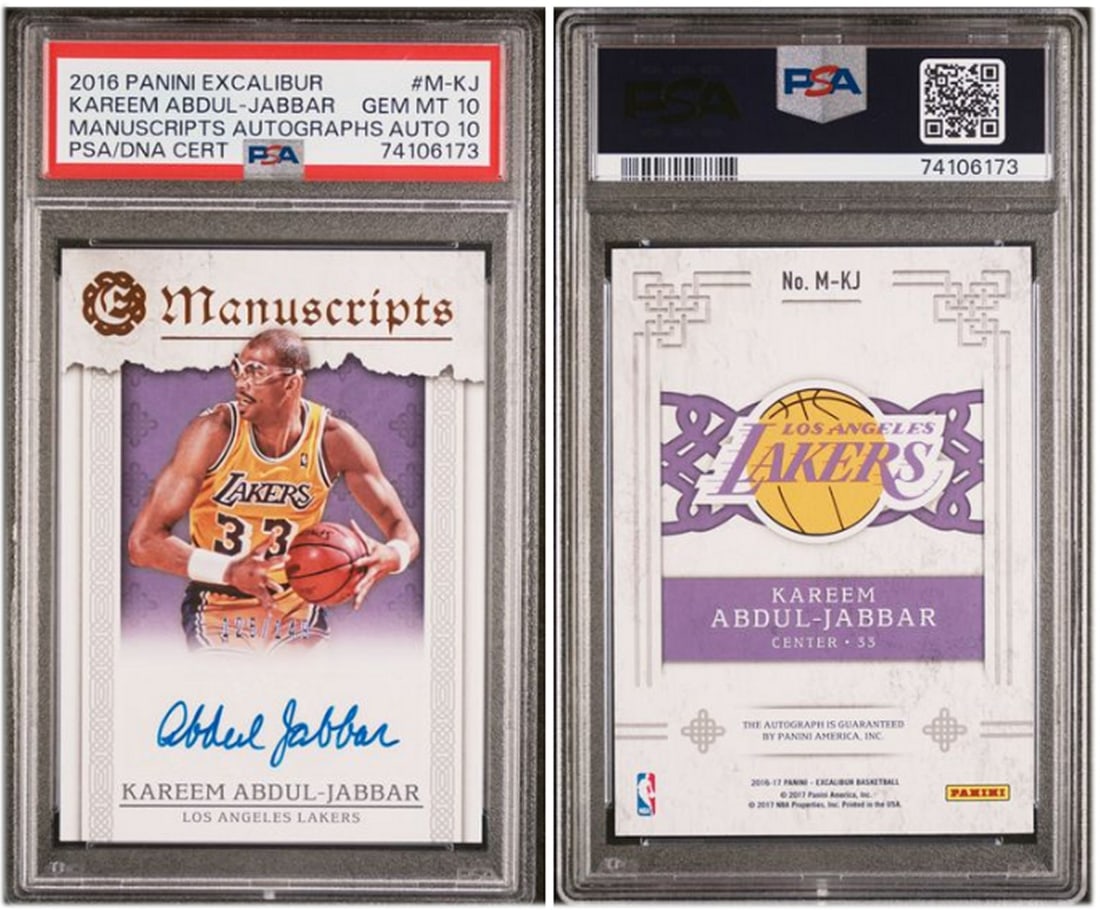 Kareem Abdul-Jabbar 2016 Panini Excalibur Manuscripts PSA 10/10 Autograph Limited Edition 125/149: Kareem Abdul-Jabbar 2016 Panini Excalibur Manuscripts PSA 10/10 Autograph Limited Edition 125/149 This is a 2016 Panini Excalibur Manuscripts Autographs card featuring Kareem Abdul Jabbar, graded PSA