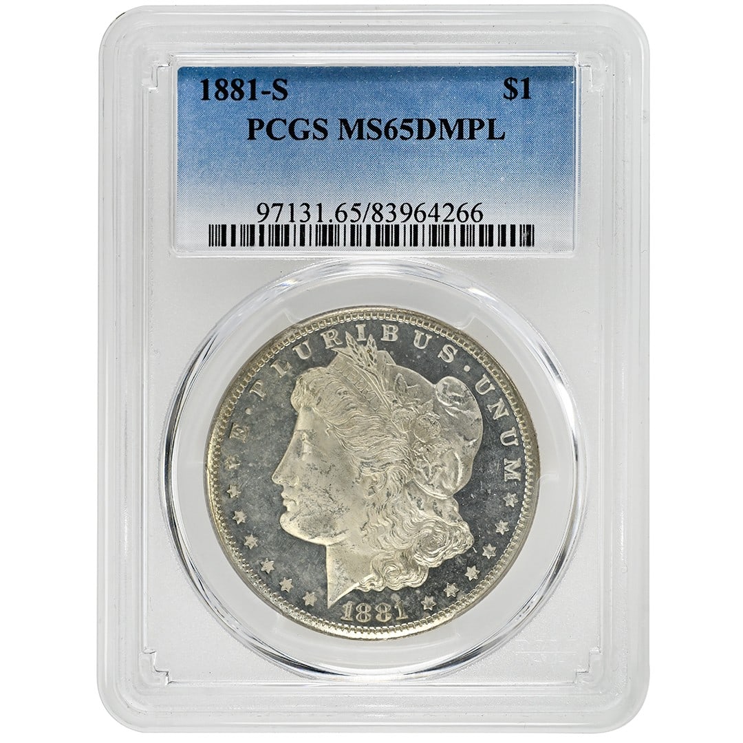 1881-S Morgan Dollar PCGS MS65DMPL Uncirculated Silver Coin: 1881-S Morgan Dollar PCGS MS65DMPL Uncirculated Silver Coin This stunning 1881-S Morgan Dollar is a rare coin certified by PCGS with a grade of MS65DMPL, indicating its exceptional quality and strikin